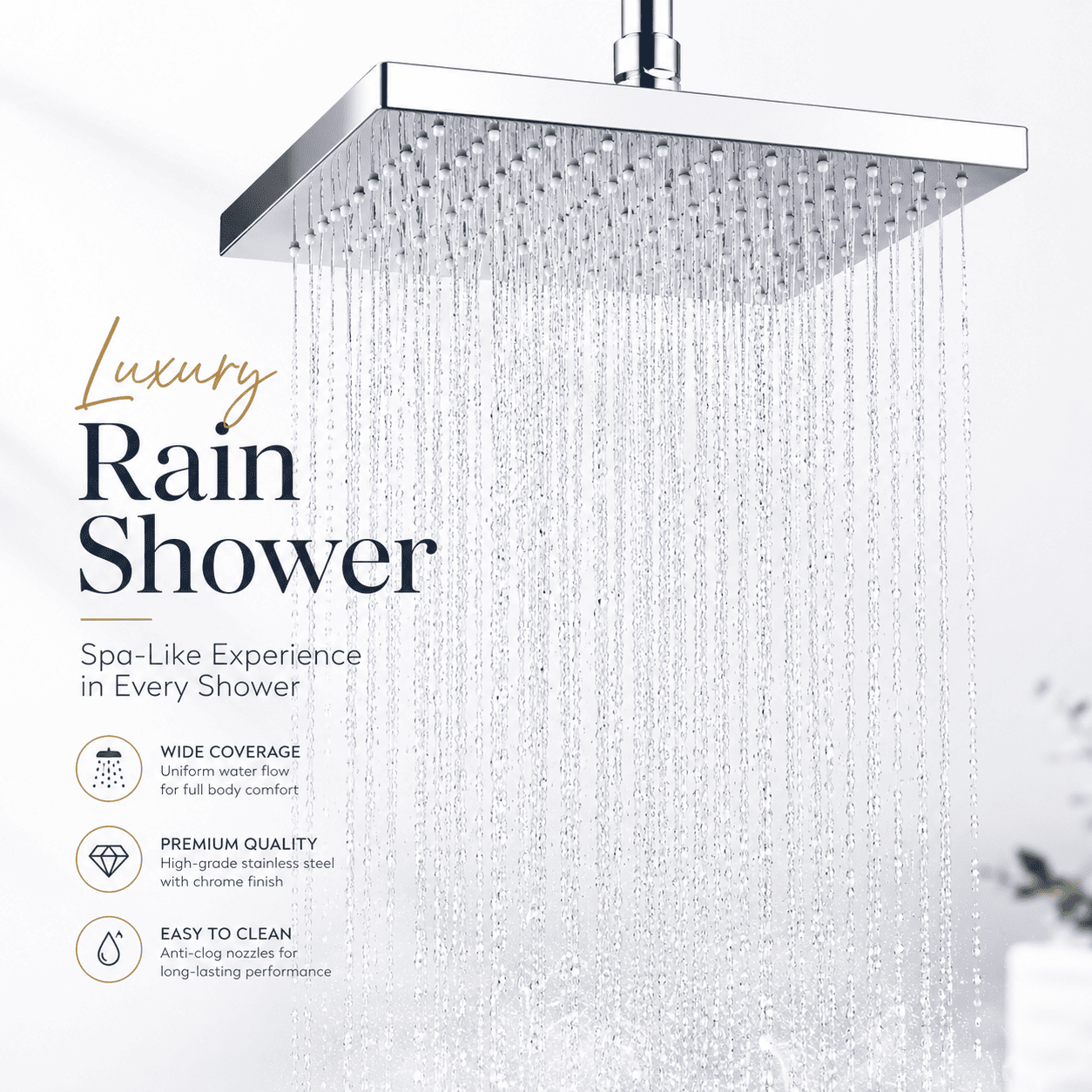 Chrome rain shower head with text highlighting features on a white background