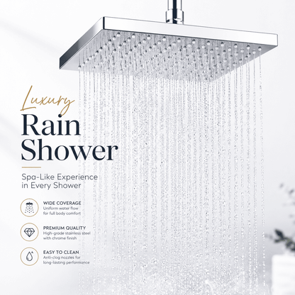 Chrome rain shower head with text highlighting features on a white background