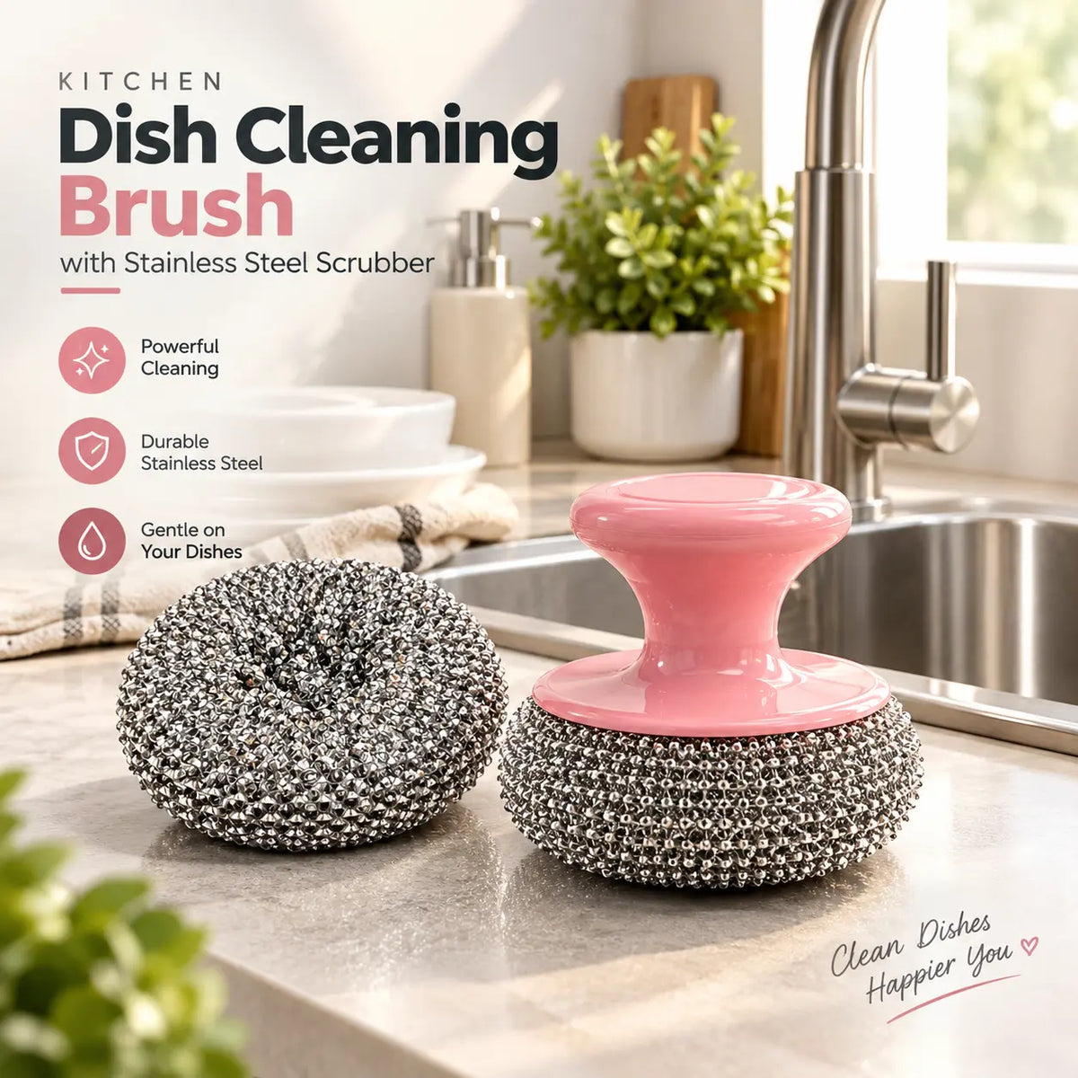 Stainless Steel Dish Cleaning Brush – Heavy-Duty Scrubber with Comfortable Grip