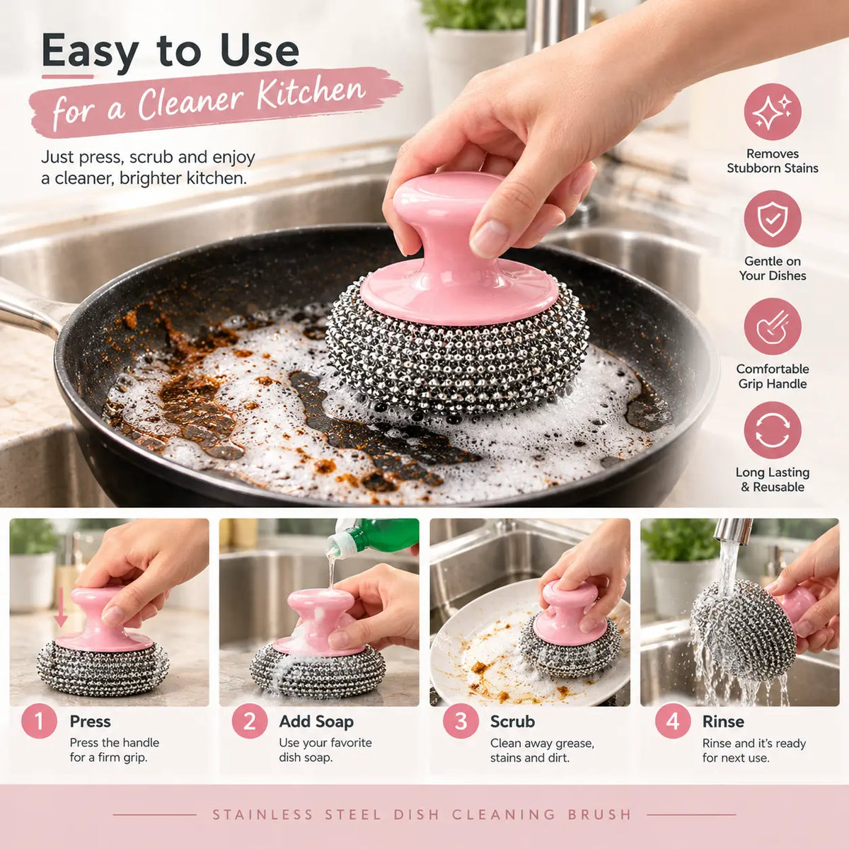 Stainless Steel Dish Cleaning Brush – Heavy-Duty Scrubber with Comfortable Grip