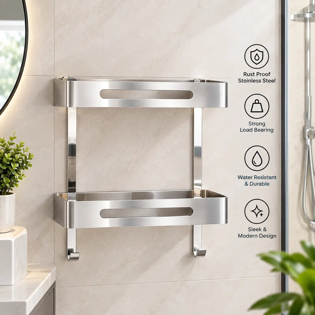Bathroom Shelf - Wall Mounted, Double-Layer Stainless Steel