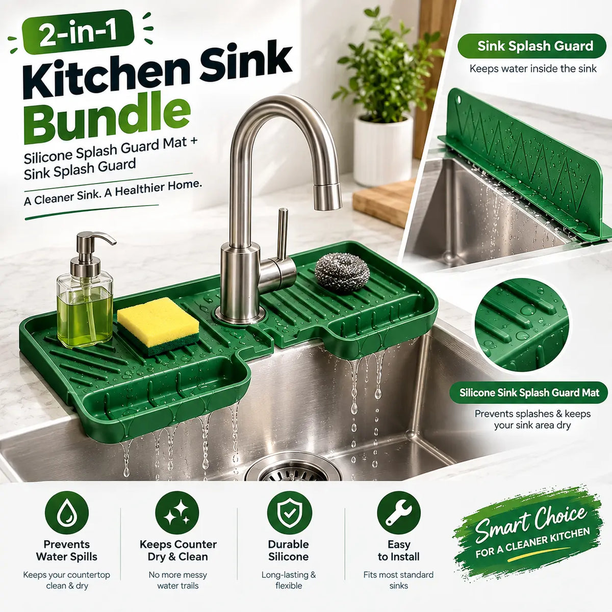 2-in-1 Kitchen Sink Splash Guard & Silicone Organizer Bundle
