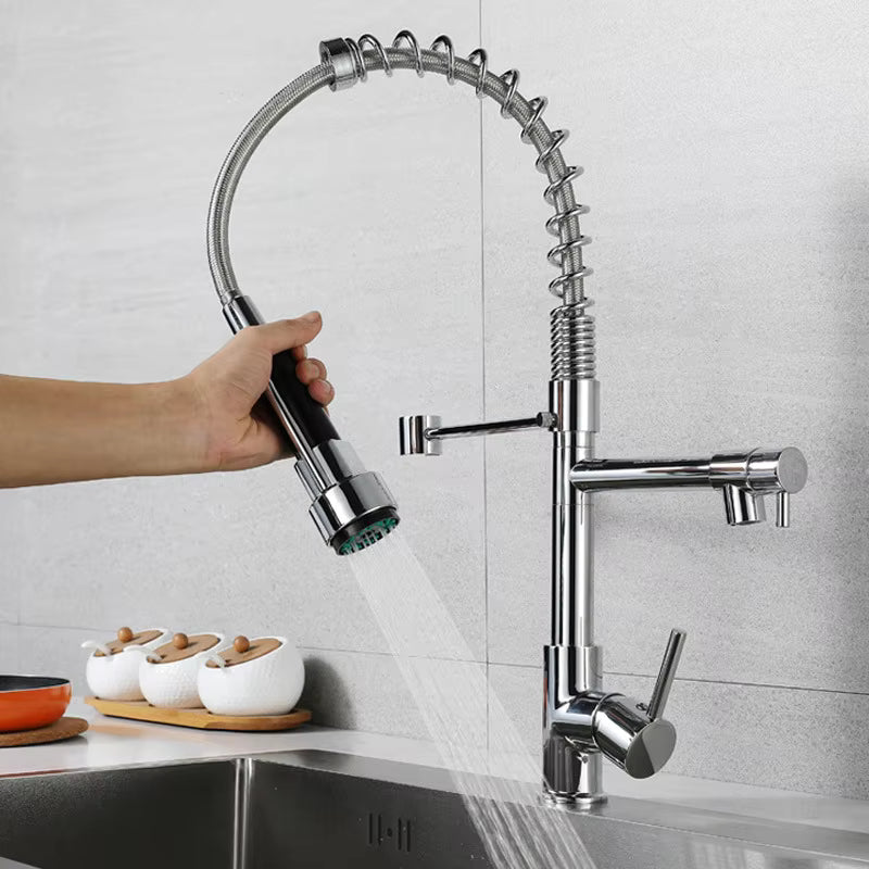 High Quality Chrome Spring Kitchen Sink Faucet with Pull Sprayer Hot Cold Mixer Tap Modern Design