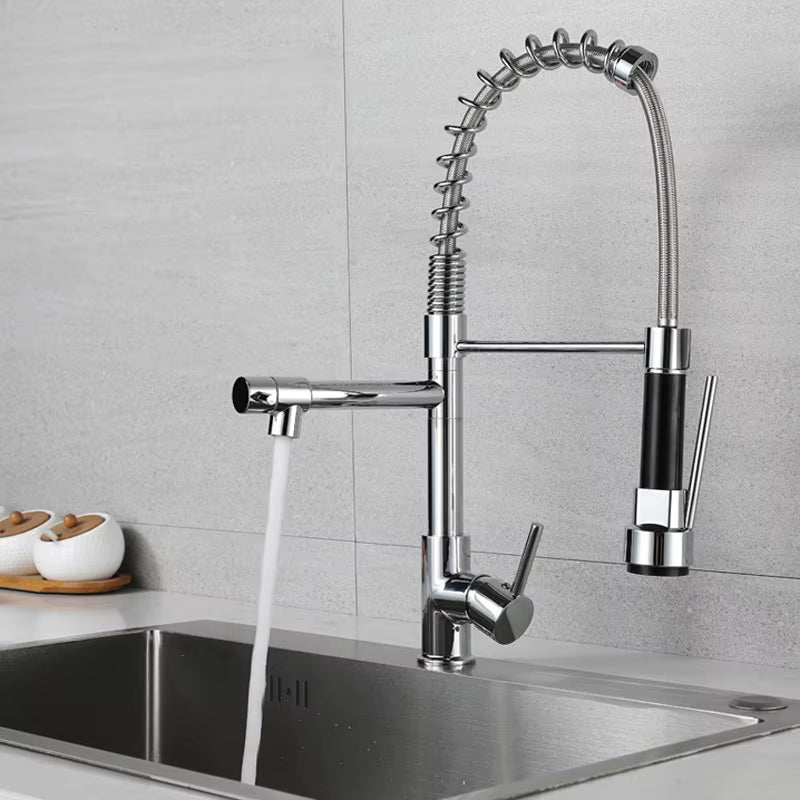 High Quality Chrome Spring Kitchen Sink Faucet with Pull Sprayer Hot Cold Mixer Tap Modern Design