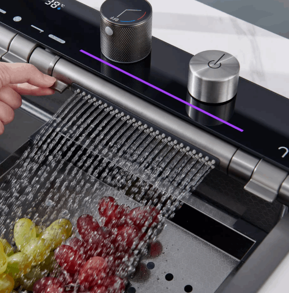 kitchen sink waterfall faucet piano key controls - AquaFit
