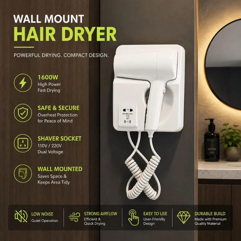 Wall Mount Electric Hair dryer with Shaver Socket