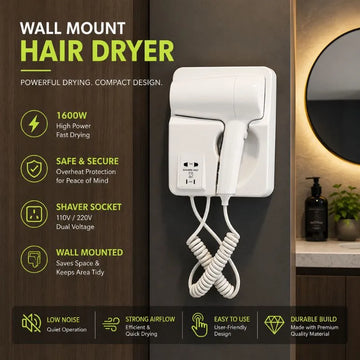 Wall Mount Electric Hair dryer with Shaver Socket