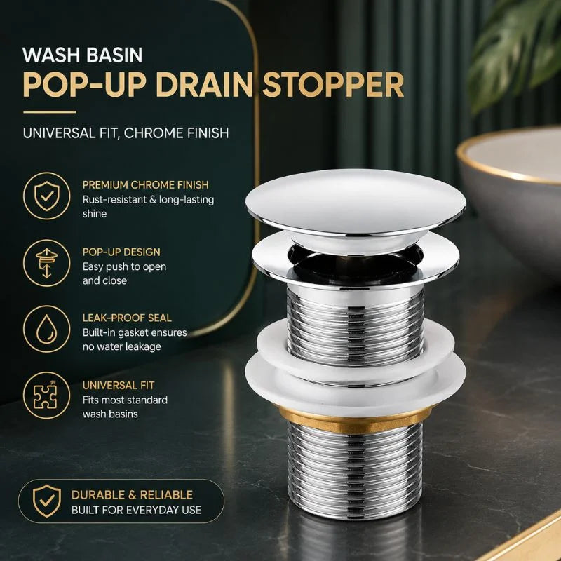 Wash Basin Pop-Up Drain Stopper – Universal Fit, Chrome Finish