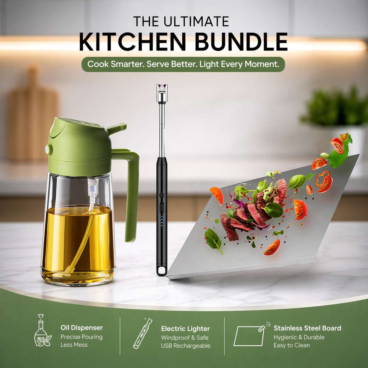 Ultimate Kitchen Bundle- 2 in 1 oil dispenser -Stainless steel Cutting Board & Rechargeable lighter