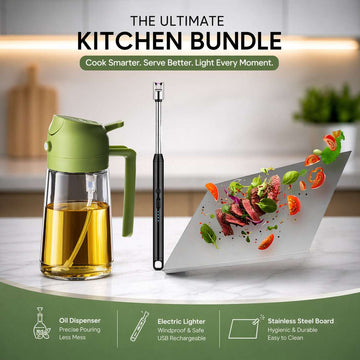 Ultimate Kitchen Bundle- 2 in 1 oil dispenser -Stainless steel Cutting Board & Rechargeable lighter