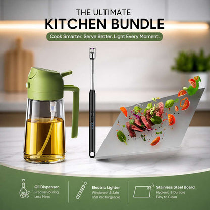 Ultimate Kitchen Bundle- 2 in 1 oil dispenser -Stainless steel Cutting Board & Rechargeable lighter