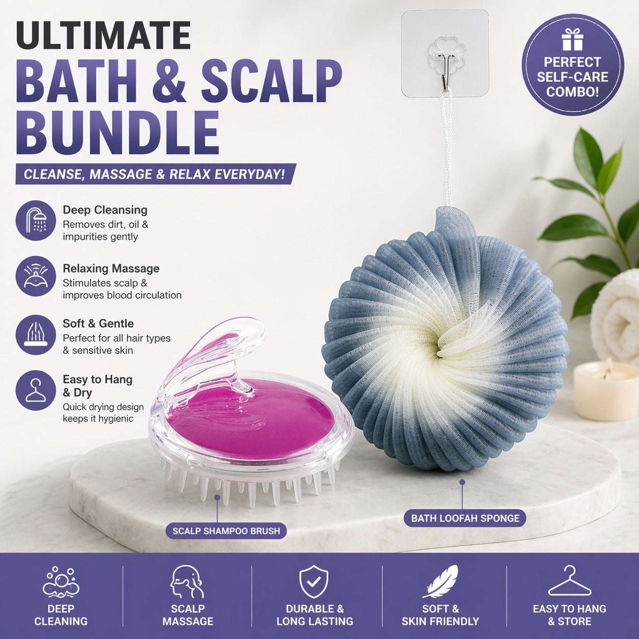 Bath & Scalp Bundle - Loofah Sponge for body cleaning - Silicone Scalp Massager