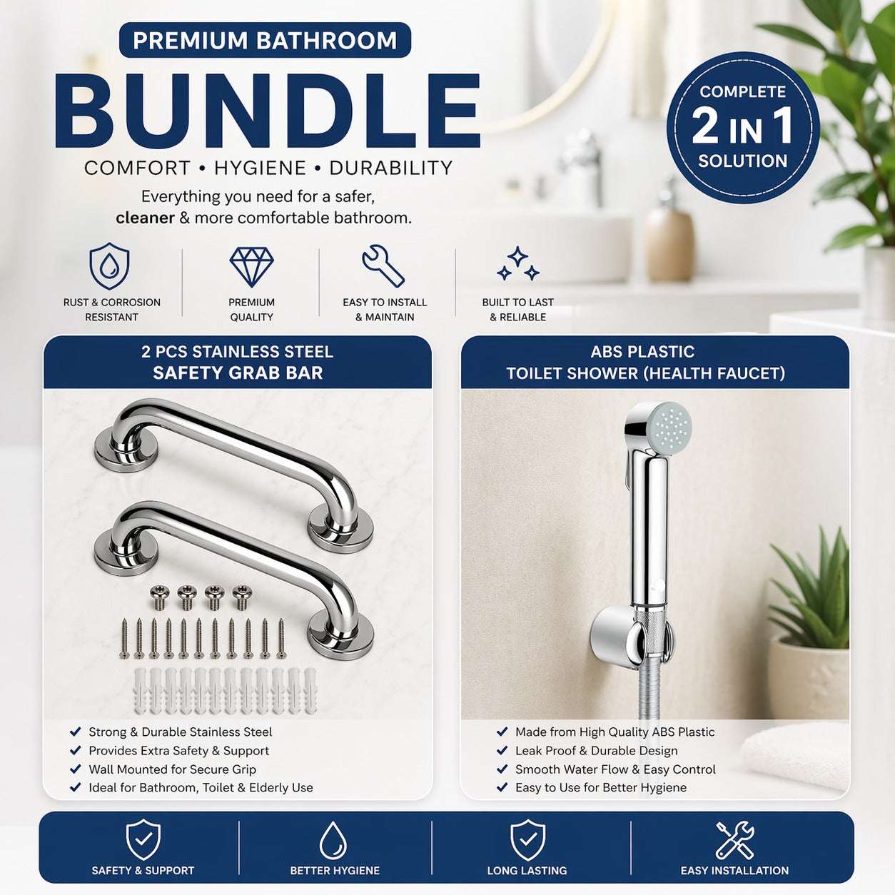 Comfort Bundle - ABS Plastic Toilet Shower & pack of 2 safety handrail