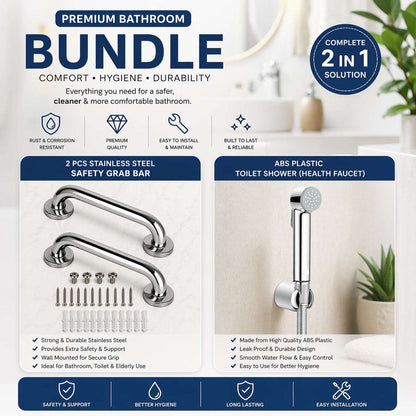 Comfort Bundle - ABS Plastic Toilet Shower & pack of 2 safety handrail