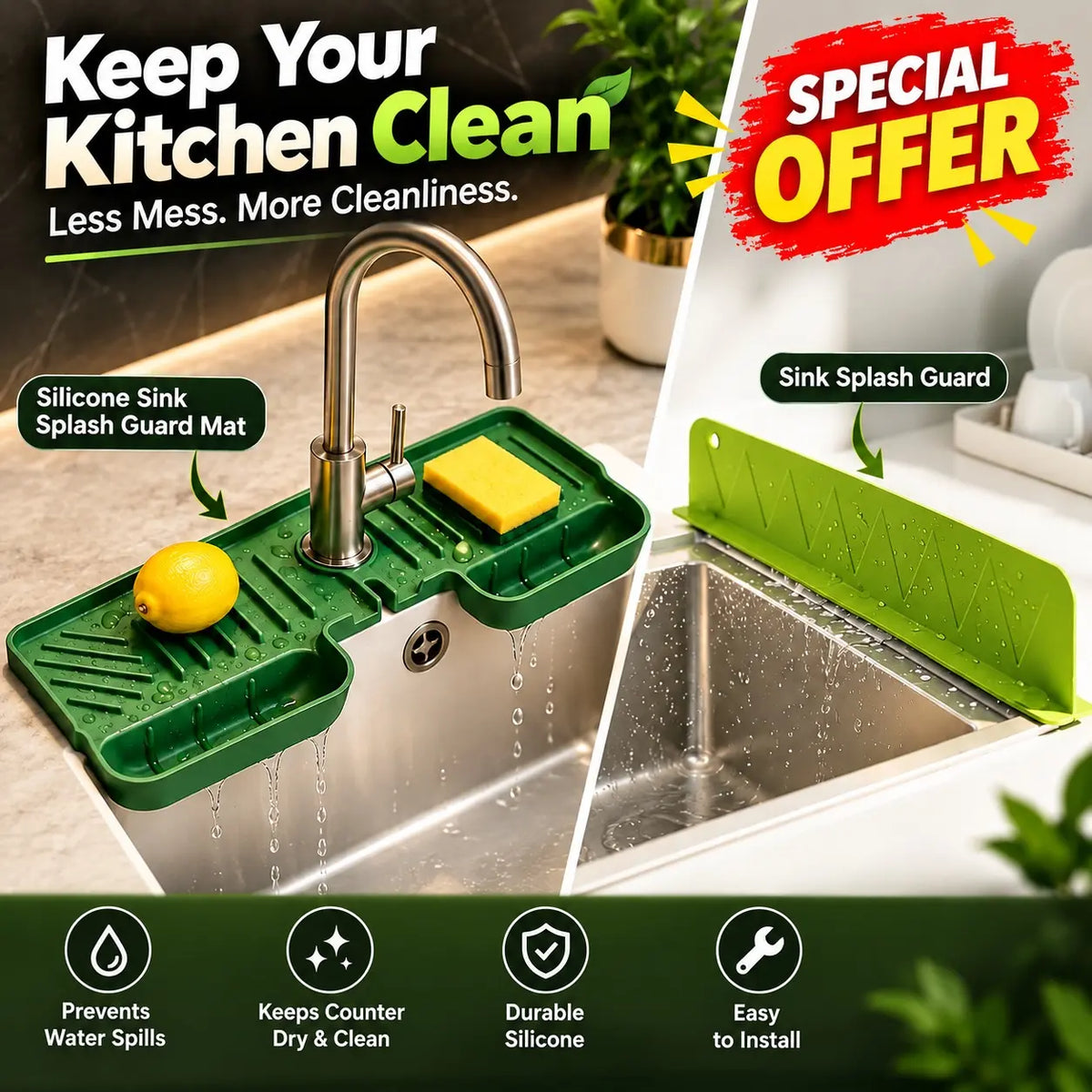 2-in-1 Kitchen Sink Splash Guard & Silicone Organizer Bundle