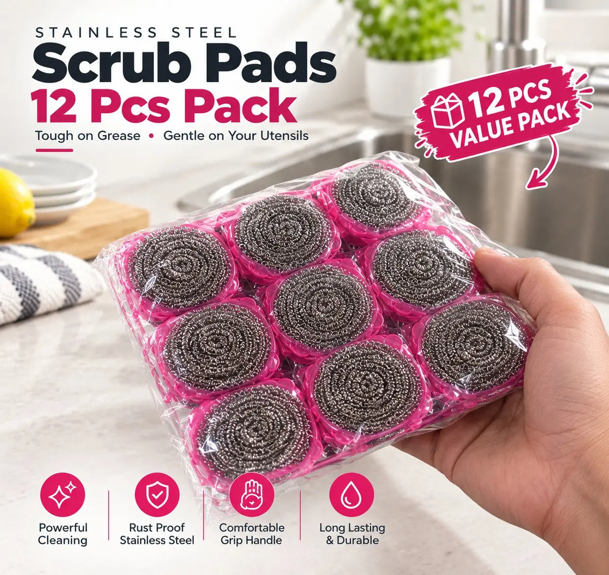 Pack of 12 pcs Stainless Steel Dish Washing Scrub Pads